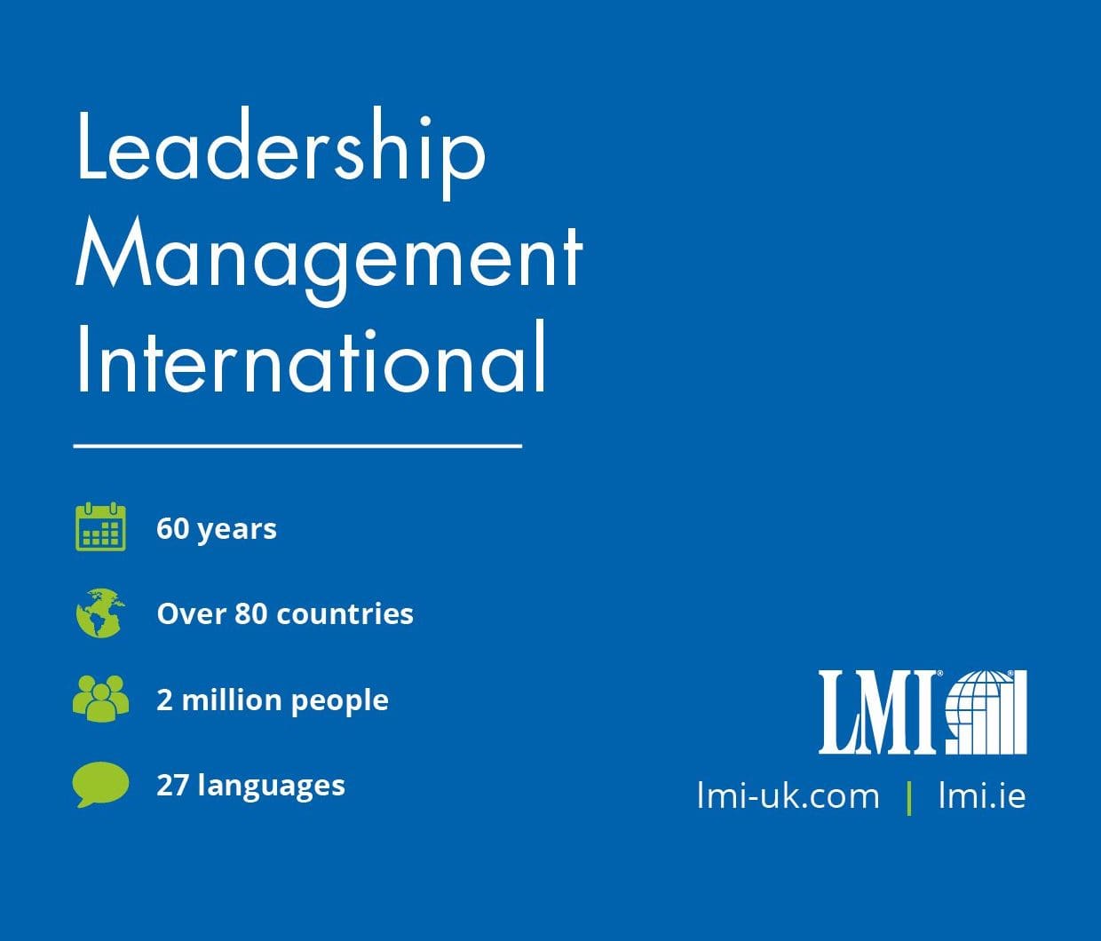 Blue graphic for Leadership Management International, highlighting 60 years of productivity and management excellence, presence in over 80 countries, impact on 2 million people, training courses in 27 languages. LMI logo and website shown at the bottom.