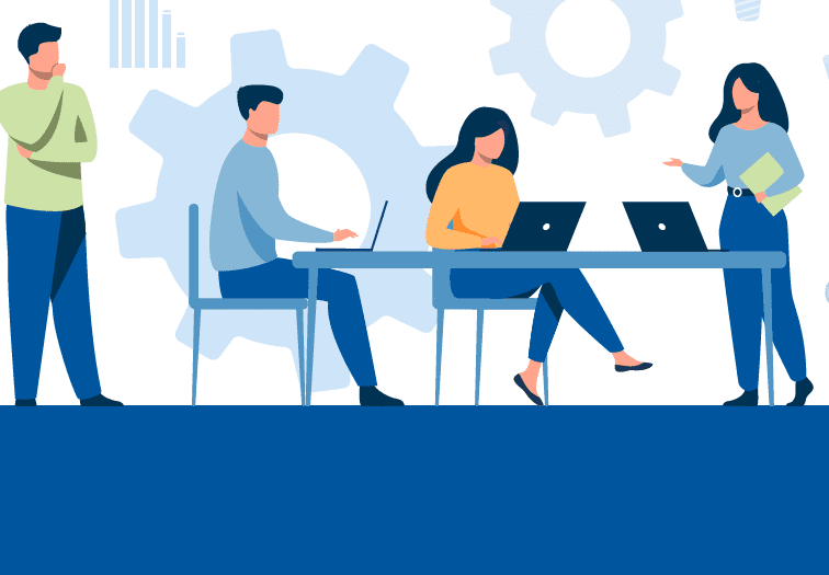 Screenshot 2023-06-16 at 14.55.06 Illustration of four people in an office setting: two are seated working on laptops, while two others stand nearby—one holding a folder and leading a discussion, highlighting leadership and productivity in the workplace.