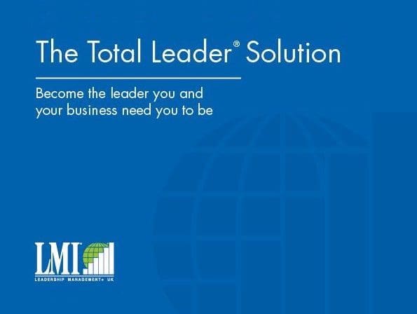 Blue background with white text reads: The Total Leader Solution. Boost productivity and become the leader you and your business need you to be. Bottom left shows the LMI logo with a globe and Leadership Management UK.