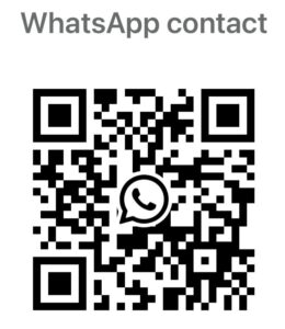 A black and white QR code with the WhatsApp logo in the centre, below the text WhatsApp contact. Scanning the code likely provides a WhatsApp contact link for executive performance and time management training courses.