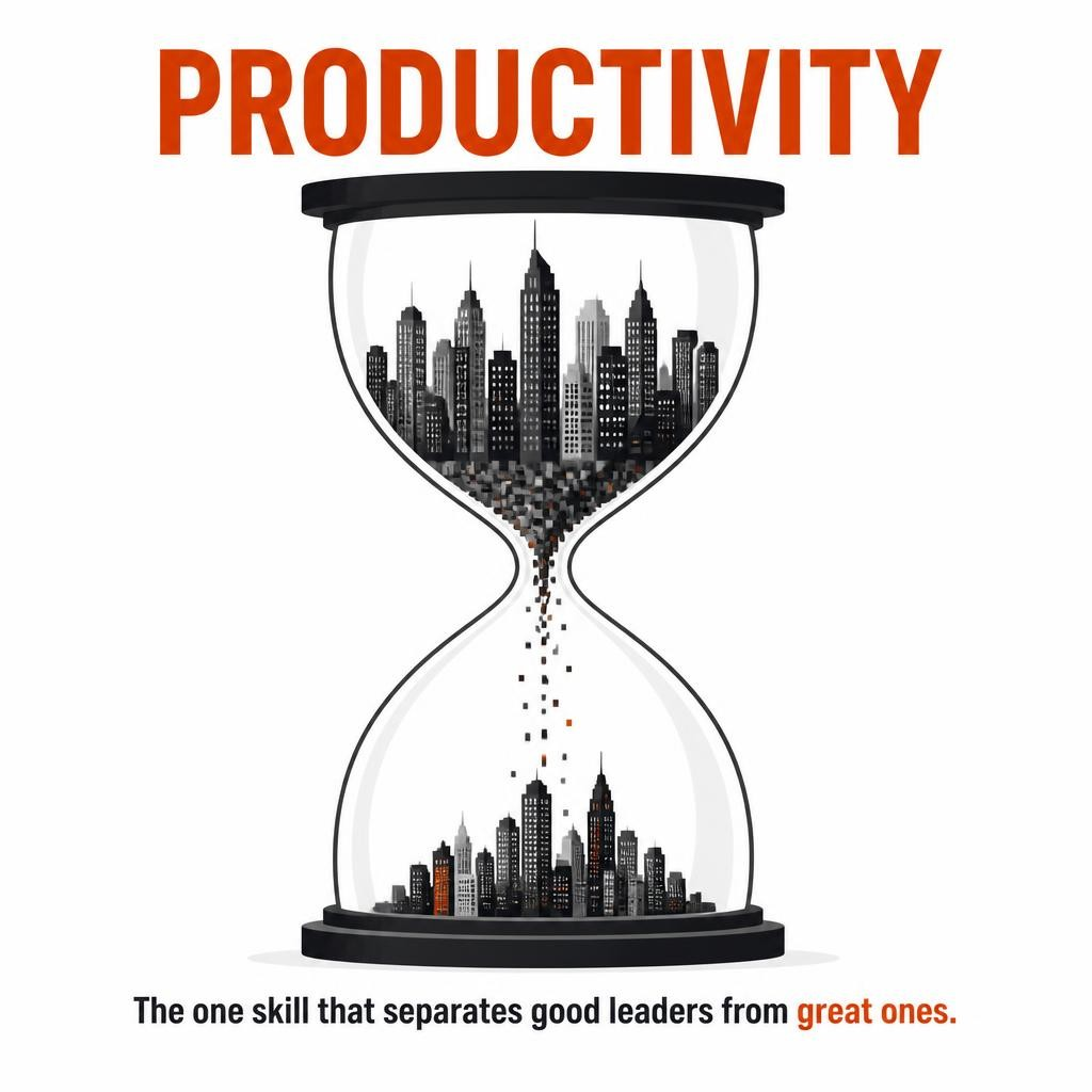 An hourglass with cityscapes in both halves. PRODUCTIVITY is written above, and below it says, The one skill that separates good leaders from great ones, with great ones highlighted in orange.